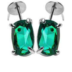 Pair of Emerald Cut Emerald Gemstone Earrings Set in Sterling Silver with Platinum Post Backings on a White Background