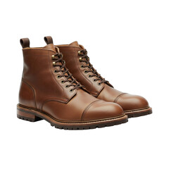 Pair of mens brown leather lace up boots with cap toe detail on a transparent background studio shot with soft lighting and detailed stitching