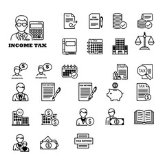 Tax accountant office icon set tax accountant, tax return, tax payment, bookkeeping, corporate tax, income tax, settlement, tax