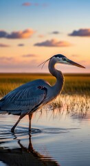 Serene waterbird portrait amidst a warm sunset landscape in a coastal setting