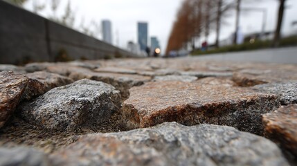 Naklejka premium Walking Along Stone Paved Path in Urban Park with City Buildings