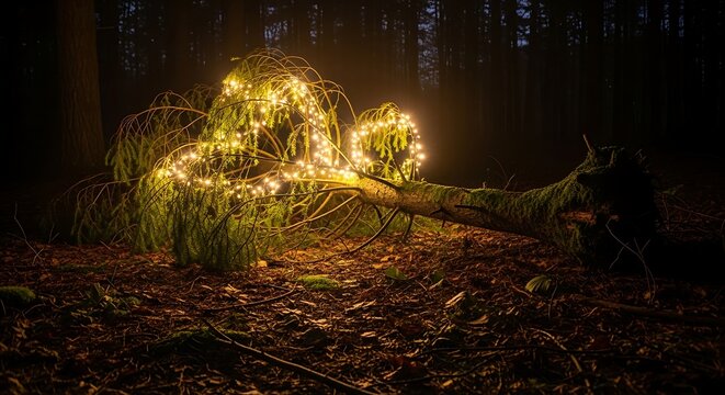 Fallen tree in a dark forest illuminated with string lights creating a magical and whimsical atmosphere