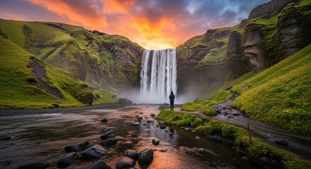 Sk?gafoss Waterfall's serene grandeur a solitary figure contemplates nature's powerful cascade at
