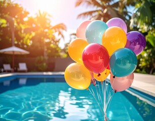 Colorful Balloons Floating by a Sparkling Swimming Pool.
