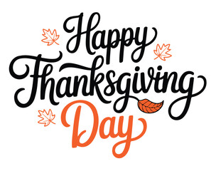 Happy Thanksgiving Day lettering with autumn leaves vector illustration for greeting cards and holiday de
