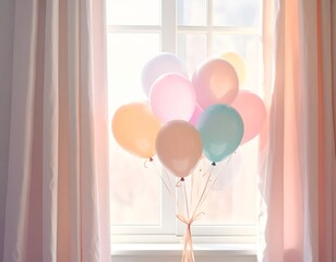Pastel Balloons Floating Near a Window with Curtains.
