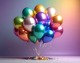 Colorful Balloons Floating Above Confetti on a Birthday Celebration.