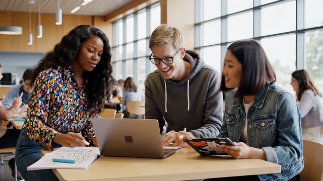 Collaborative learning scene unfolds with two individuals sitting at a table surrounded by three groups of students engaged in lively discussions, conveying teamwork, innovation.