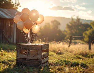 Rustic Charm - Balloons in a Wooden Crate at Sunset.