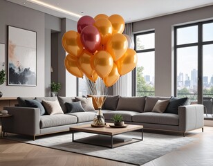Balloons in a modern living room with gray sofa.