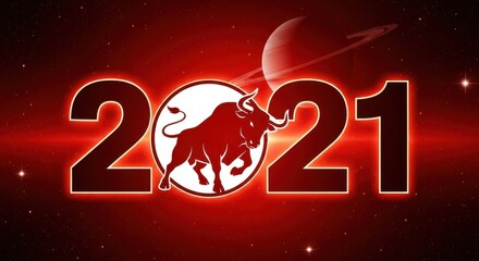 Symbolic zodiac illustration featuring a powerful ox against a cosmic backdrop of 2021