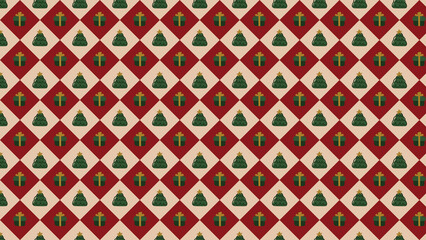Christmas geometric seamless pattern with gift boxes and christmas trees for wrapping paper, background, wallpaper.