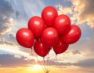 A vibrant bunch of red balloons against a stunning sunset sky.
