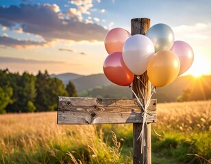Rustic Wooden Sign Post Adorned with Colorful Balloons at Sunset.