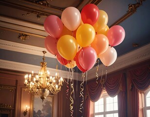 Colorful Balloons Floating in an Elegant Room with Chandelier.