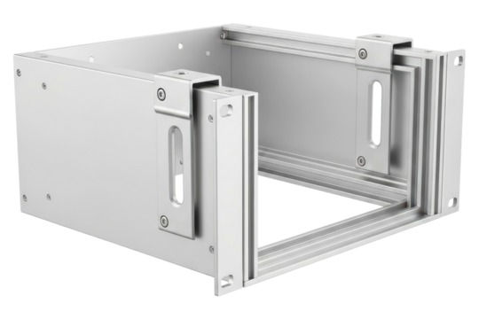 Open frame aluminum chassis for mounting electronic devices isolated on transparent background