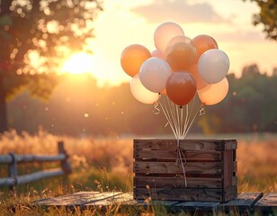 Balloons tied to a wooden crate in a field at sunset.