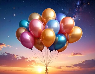 Colorful Balloons Floating in a Dreamy Sky at Sunset.