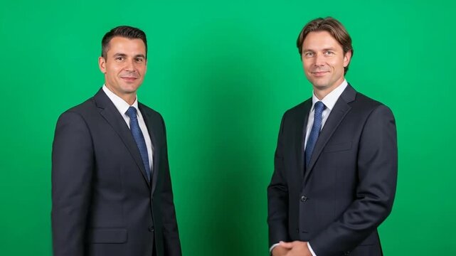Footage of two confident entrepreneurs shaking hands on chroma key background