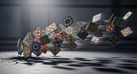 Ornamental tile explosion in dynamic composition highlighting abstract patterns and designs