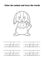 Learning Worksheet Rabbit Standing Coloring Tracing