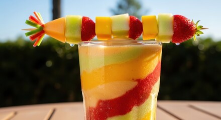 Vibrant layered fruit smoothie topped with a creative fruit skewer on a bright day