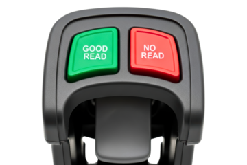 Close up of green good read and red no read scanner buttons isolated on transparent background