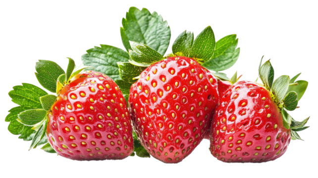 Ripe strawberry with green leaves showing vibrant red surface and fresh seed texture ideal for fruit and food presentation isolated on white background
