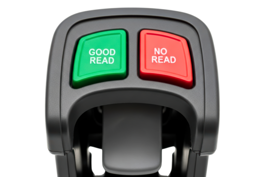 Close up of green good read and red no read scanner buttons isolated on transparent background
