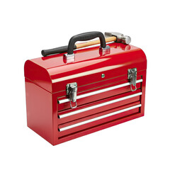 Red Metal Toolbox with Hammer on Top Isolated on Black Background Featuring Multiple Drawers and Silver Latches