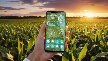 A person holds smartphone in hand amidst lush cornfield, capturing peaceful coexistence of technology and nature, perfect for use cases such as background footage or product demonstrations.
