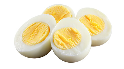 Sliced boiled eggs arranged neatly with clear white and yolk sections showing fresh protein food detail for simple meal preparation isolated on white background