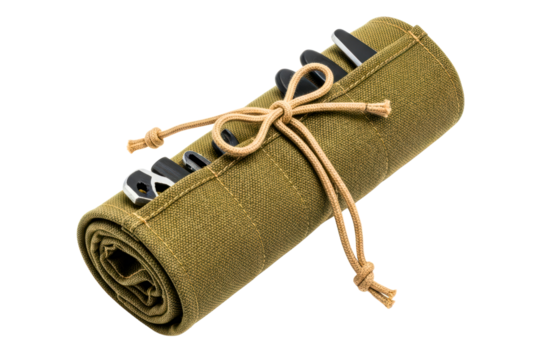 Rolled up canvas tool pouch containing a set of craft tools isolated on transparent background