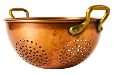 Vintage copper kitchen colander with tarnished brass handles isolated on transparent background