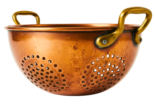 Vintage copper kitchen colander with tarnished brass handles isolated on transparent background