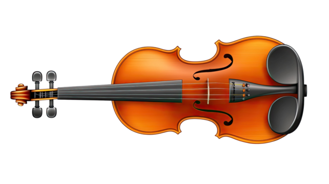 Classic violin with elegant wooden body, smooth curved shape, detailed strings and polished warm finish showing refined musical instrument craftsmanship isolated on white background