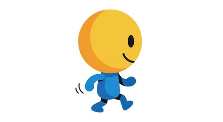Whimsical Cartoon Character Joyfully Striding Forward with Sunny Yellow Head and Cheerful Demeanor