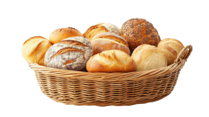 Various types of bread in wicker basket displayed with rich crust textures and fresh baked assortment showing rustic artisan bakery detail isolated on white background