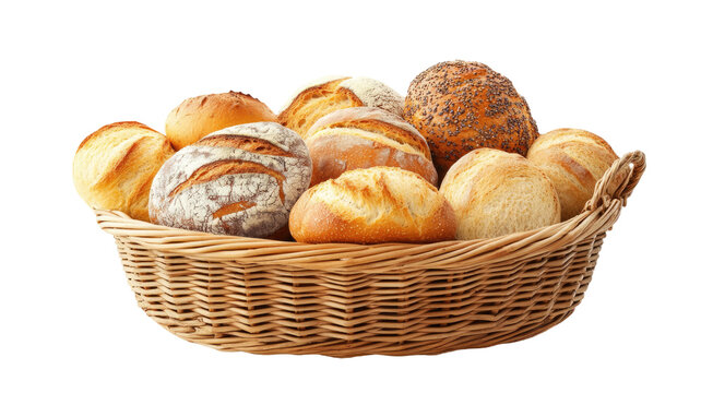 Various types of bread in wicker basket displayed with rich crust textures and fresh baked assortment showing rustic artisan bakery detail isolated on white background