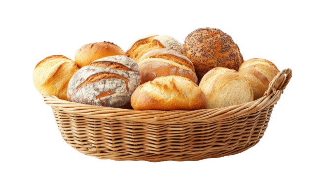 Various types of bread in wicker basket displayed with rich crust textures and fresh baked assortment showing rustic artisan bakery detail isolated on white background