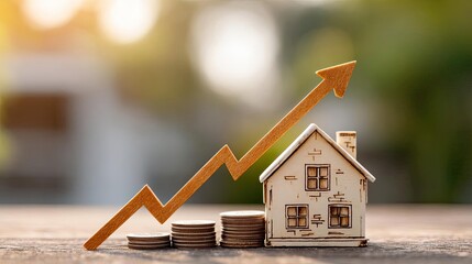Housing market with rising property investment concept. Investment growth concept with house model and coins.