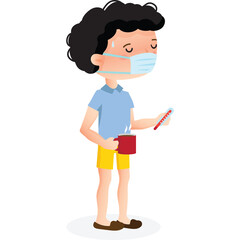 Sick Child Wearing Face Mask Holding Thermometer and Hot Drink with Sweat and Red Cheeks Demonstrating Illness and Discomfort in Pastel Blue Shirt and Yellow Shorts