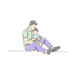 A single continuous line drawing illustration of a happy father and young child sitting together. The minimalist artwork uses flat, simple colors, perfect for themes of family bonding, parenting