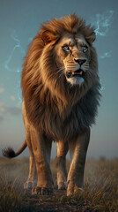 Obraz premium Even nature throws lightning into the sky at the sight of such a majestic lion