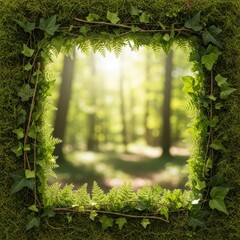 Lush greenery portal framing a sunlit forest glade, nature's enchanting embrace