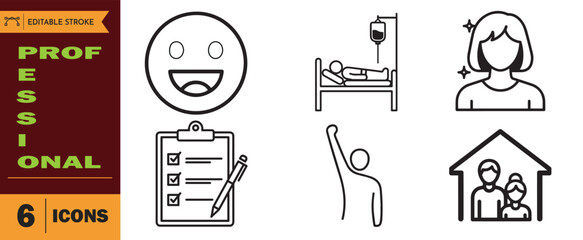 Set of six professional line icons representing happiness, checklist, patient care, recovery, and family life