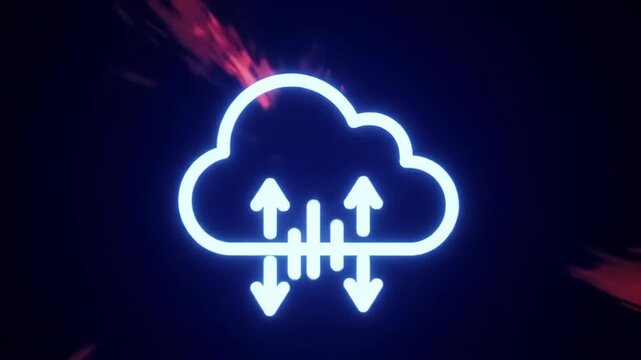 Neon outline cloud with arrows moving up and down on a dark space-like background, reddish nebula