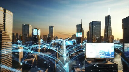 Futuristic cityscape at dusk, overlaid with glowing digital connections weaving between buildings - Powered by Adobe