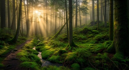 Mystical Forest Path with Golden Sun Rays Piercing Through Fog