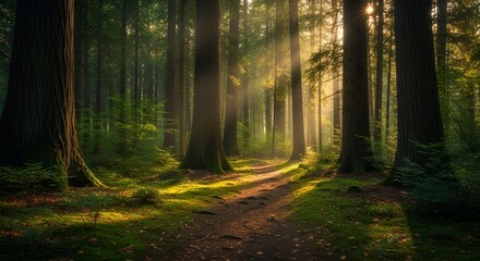Fototapeta premium Golden Sun Rays Piercing Through a Lush Forest Path in a Serene Woodland